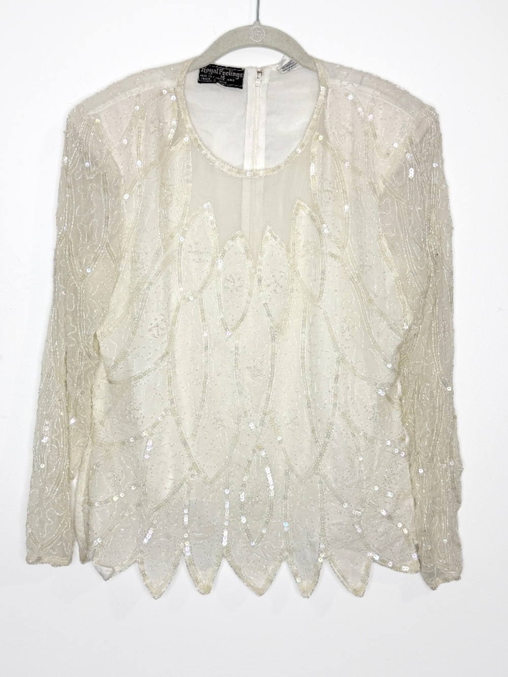 Vintage Royal Feelings Ivory Silk Sequin Top L